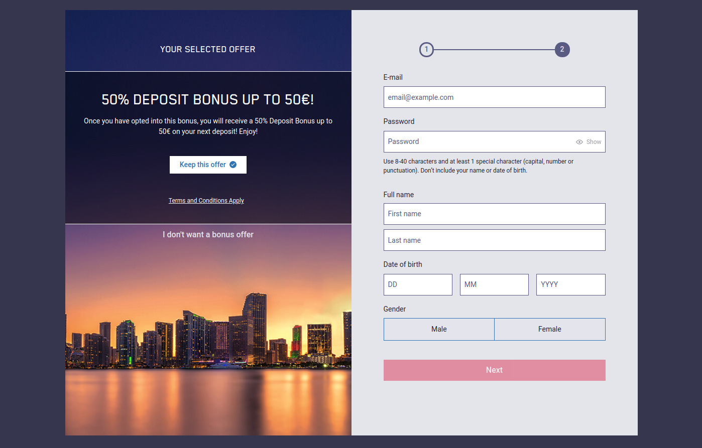 Maria casino's signup form
