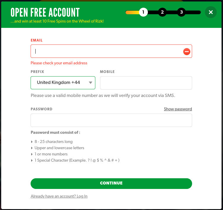 Registration form of Rizk Casino
