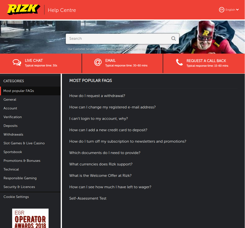 Rizk Casino Support center